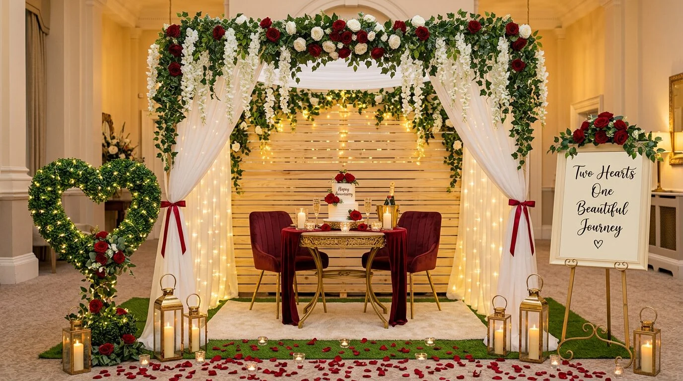 Eden anniversary pod with cake, champagne, roses and fairy lights