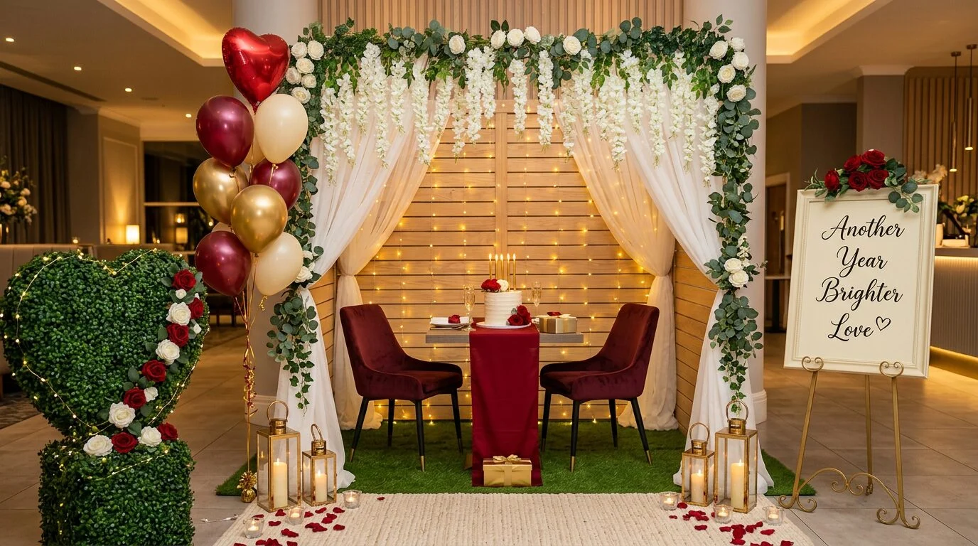 Eden birthday pod with cake, balloons, roses and candles