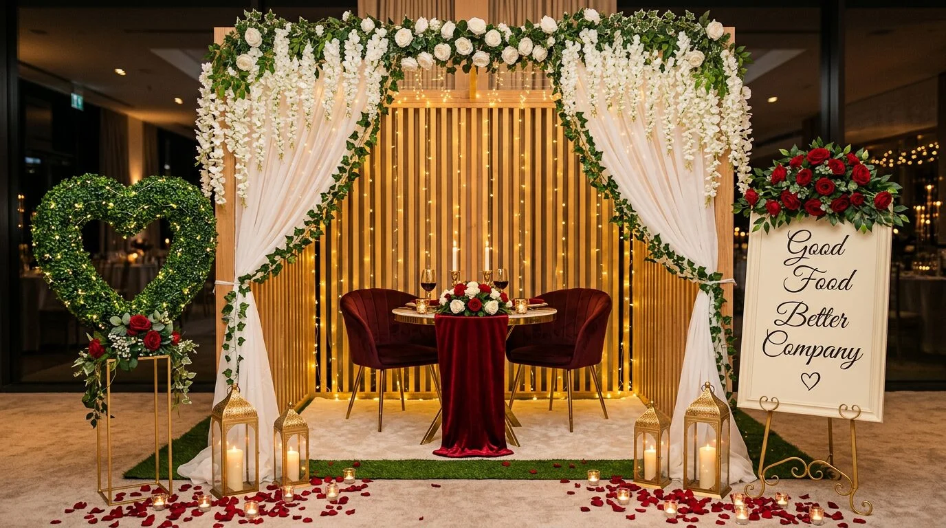 Eden date night pod with a candlelit table for two, roses and fairy lights