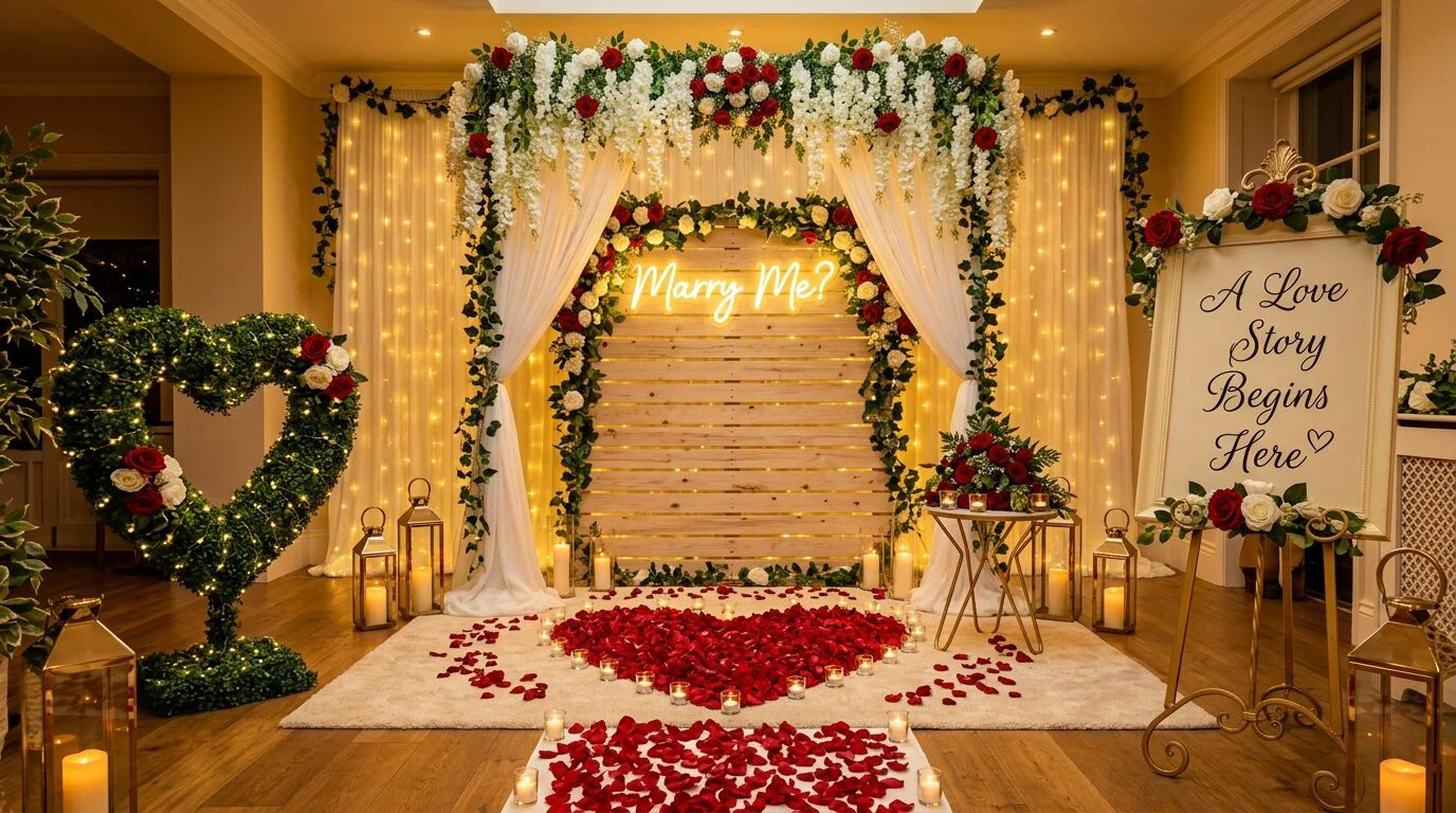 Eden proposal pod with a rose petal heart and Marry Me sign