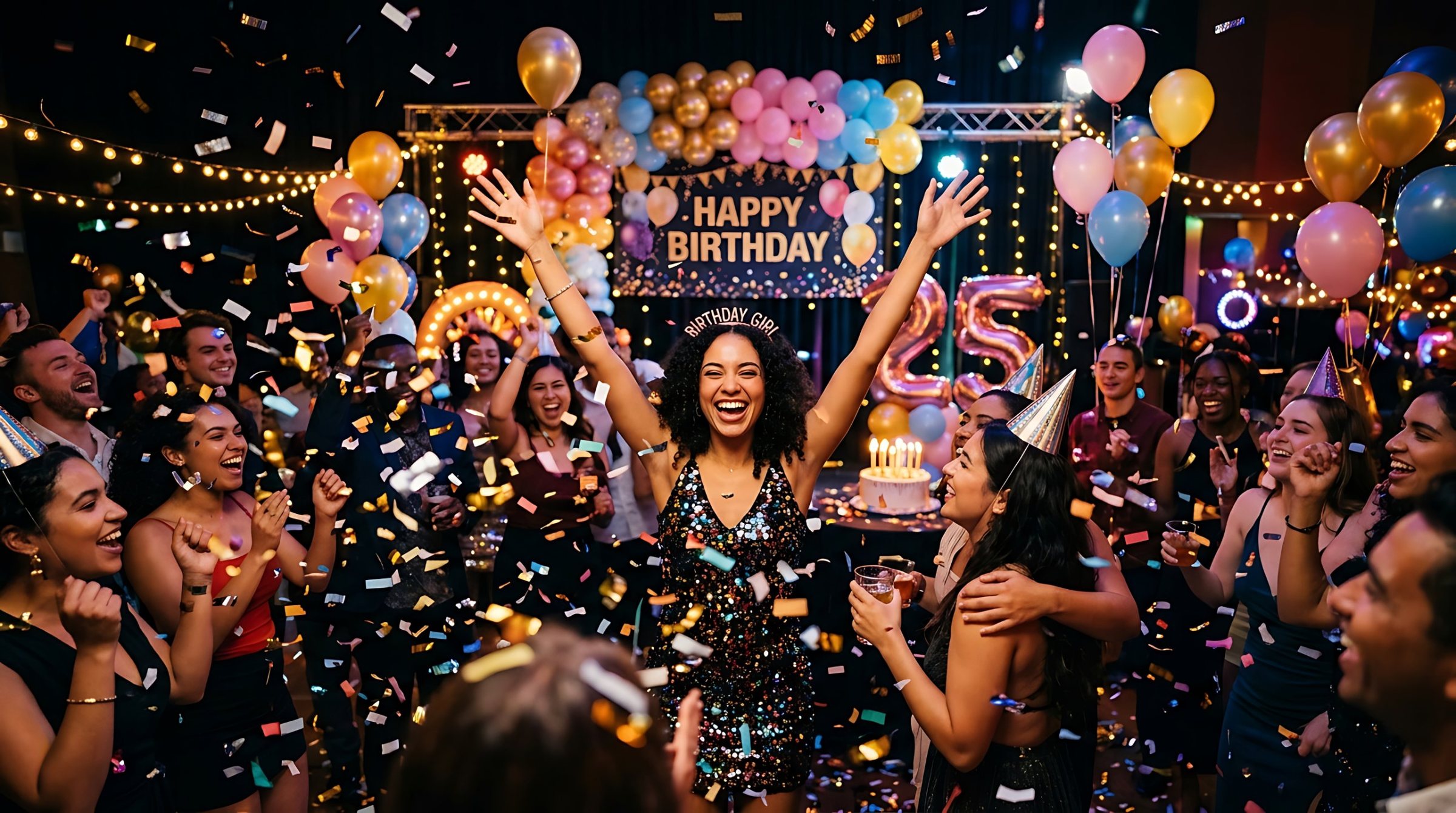 Couple celebrating a birthday surrounded by friends, balloons and confetti