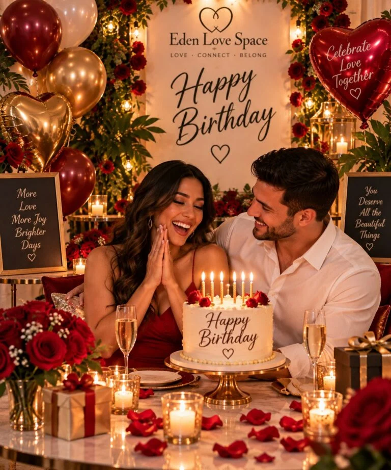 Couple celebrating a birthday with cake at Eden Love Space