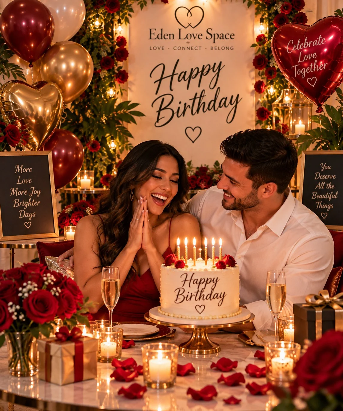 Couple celebrating a birthday with cake at Eden Love Space