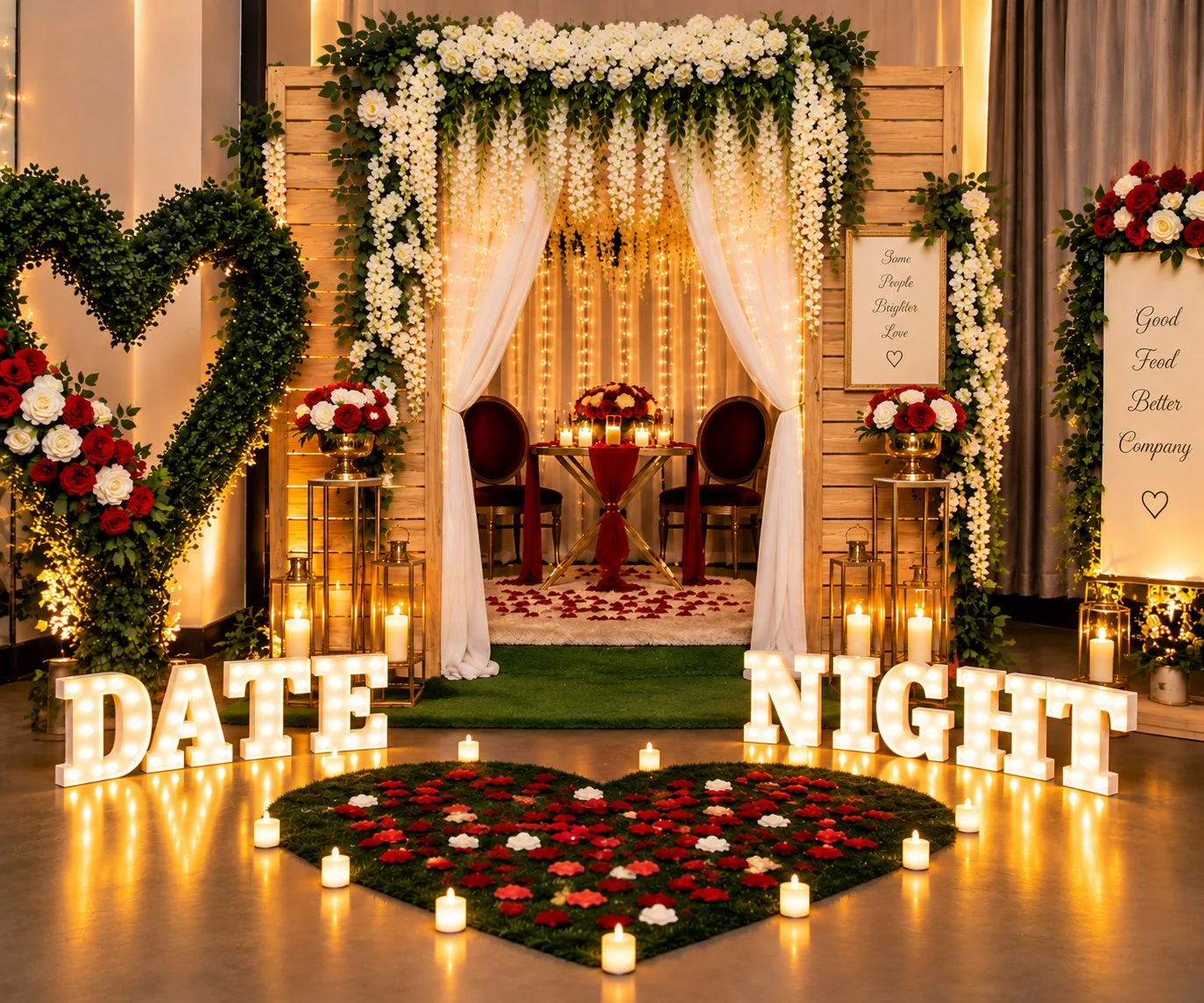 Eden date night pod with marquee lights and rose heart