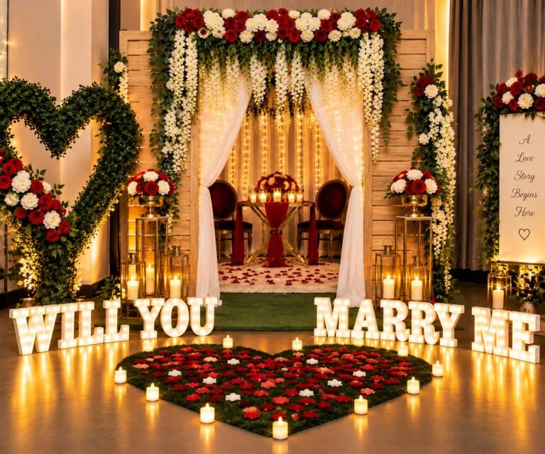 Eden proposal pod with Will You Marry Me lights