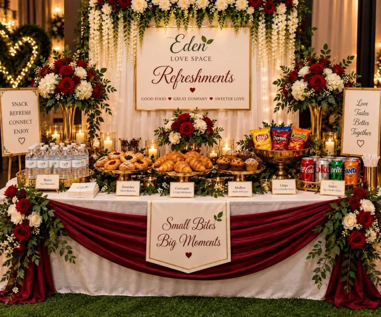 Eden refreshments table with snacks and drinks
