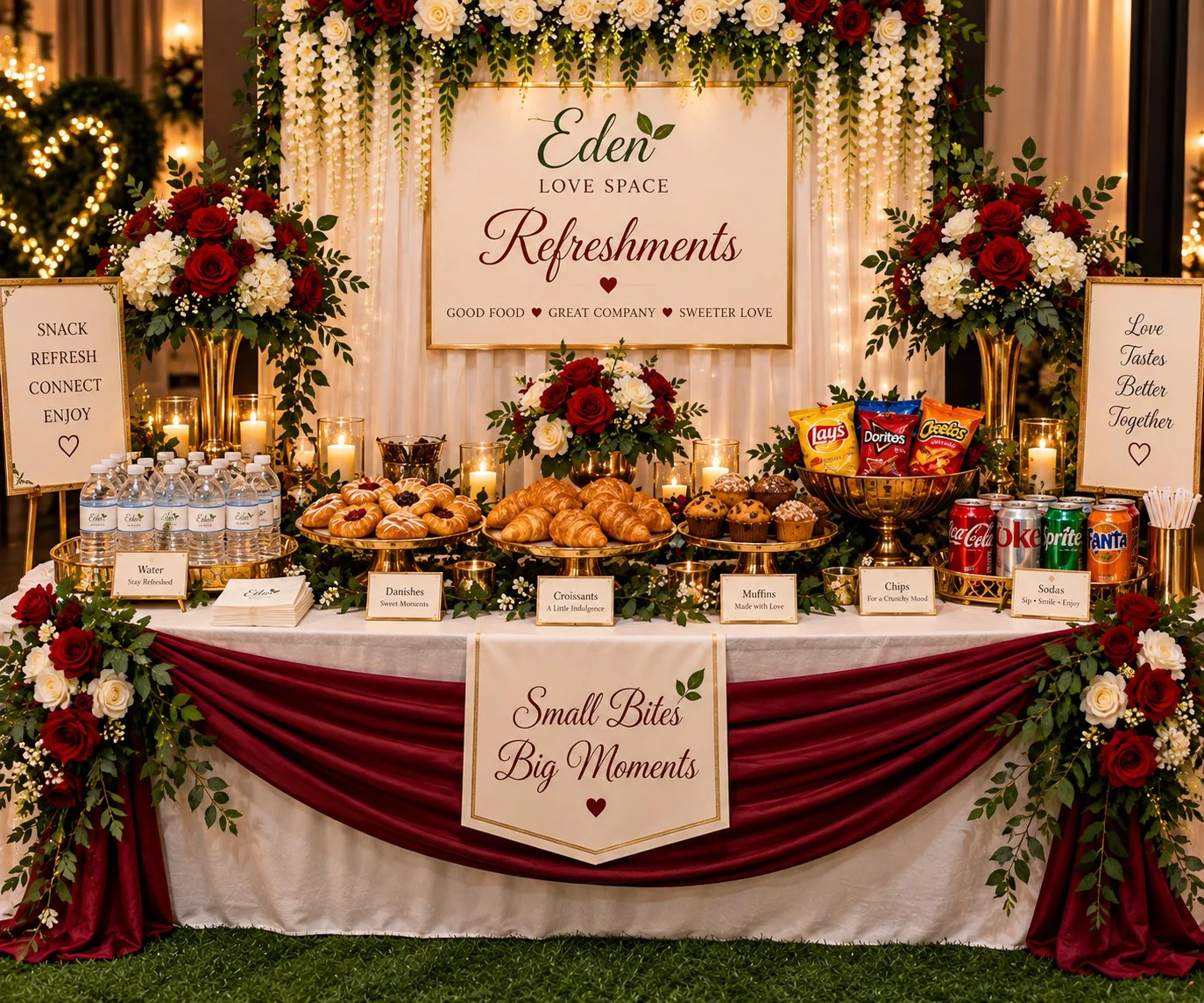 Eden refreshments table with snacks and drinks