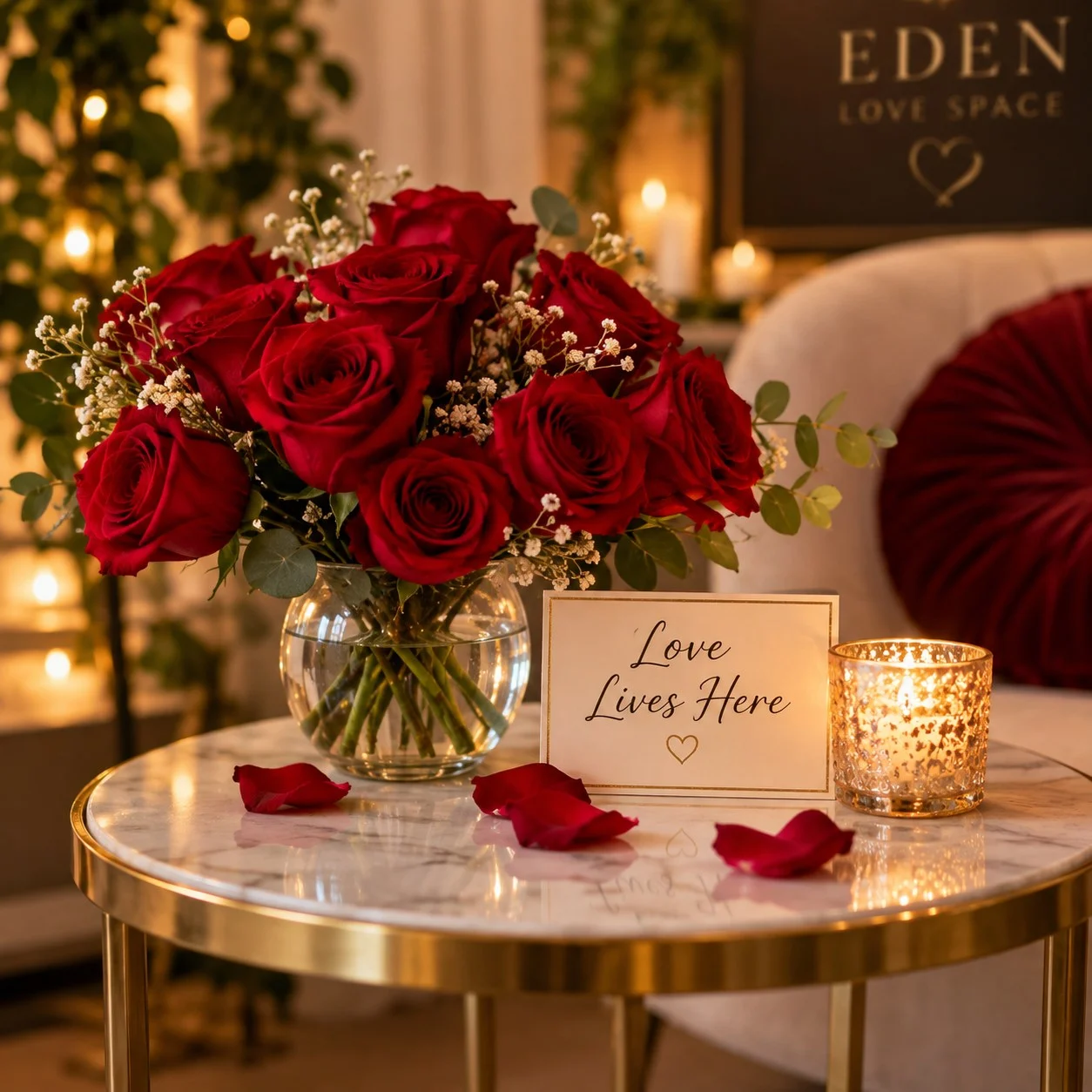Red roses and a candle on a gold marble table at Eden